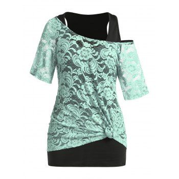 

Plus Size Top Lace See Thru T Shirt and Racerback Tank Top Two Piece Top Set, Light green