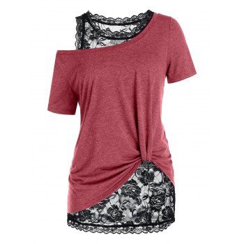 

Plus Size Top Heather Skew Collar T-shirt and Scalloped Sheer Rose Lace Tank Top Set, Deep red