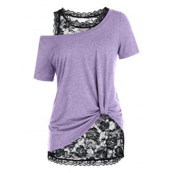 

Plus Size Top Heather Skew Collar T-shirt and Scalloped Sheer Rose Lace Tank Top Set, Light purple