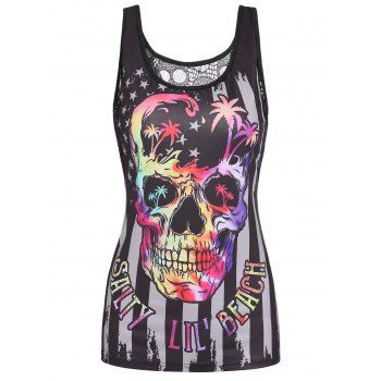 

Gothic Skull Rose Flower Print Lace Panel Tank Top, Multicolor b