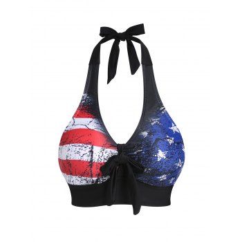 

Vintage Bikini Top American Flag Print Swimsuit Top Bowknot Stripe Star Halter Swimwear Top, Black