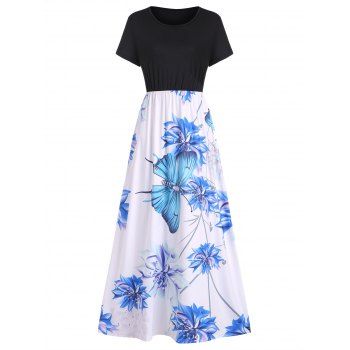 

Contrast Flower Butterfly Print Long T-shirt Dress, Multicolor