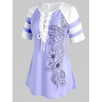 

Plus Size Floral Lace Up Color Blocking T-shirt, Light purple