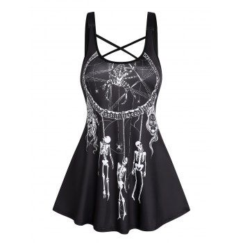 

Gothic Skeleton Skull Print Crisscross Spider Skirted Tank Top, Black