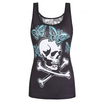 

Gothic Skull Rose Flower Print Lace Panel Tank Top, Multicolor c