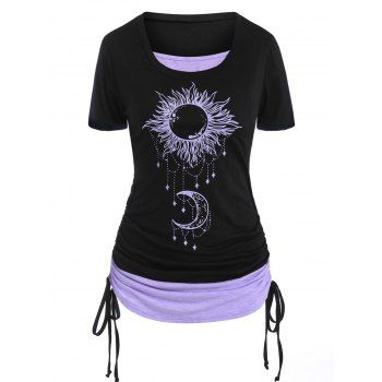 

Plus Size T Shirt Celestial Sun Moon Butterfly Print Cinched Ruched 2 In 1 Tee, Purple