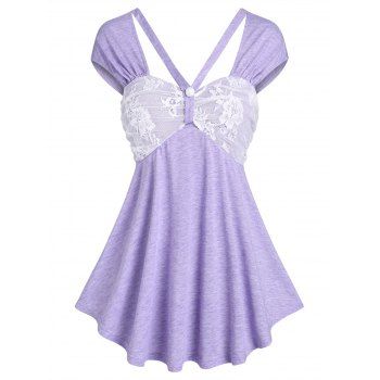 

Flower Lace Panel Heathered Top, Light purple