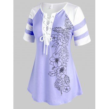 

Plus Size T Shirt Print T Shirt Lace Up Colorblock Round Neck Summer Casual Tee, Light purple