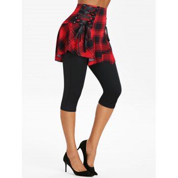 Lace up asymmetric 2025 plaid skirted leggings