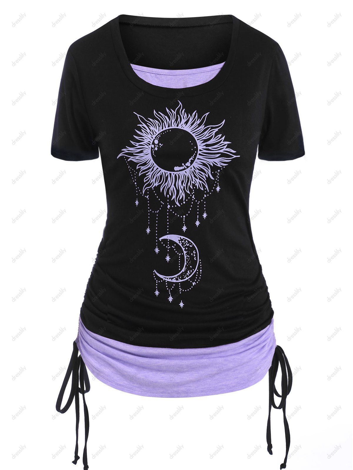T-shirt à Imprimé Etoile Lune et Soleil 2 en 1 - Pourpre L