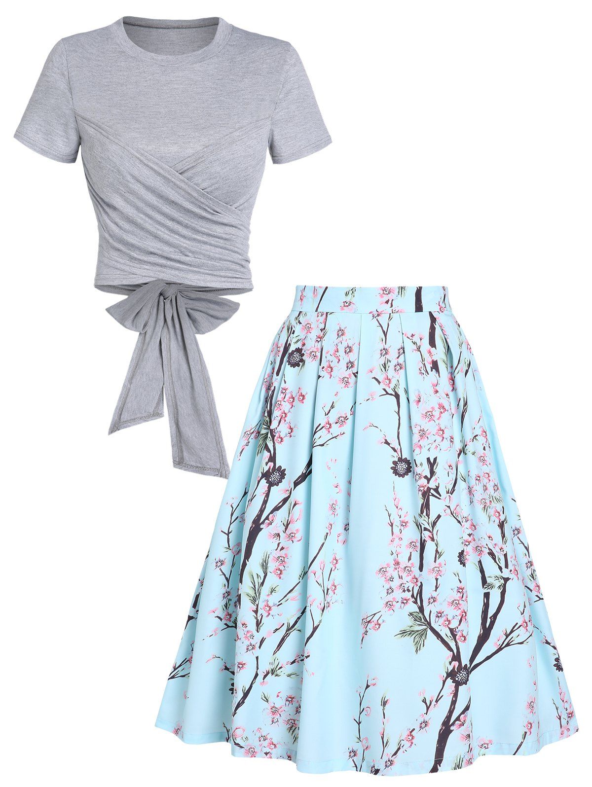 Cross Wrap Bowknot Top and Butterfly Flower Pleated Skirt Outfit - LIGHT BLUE L