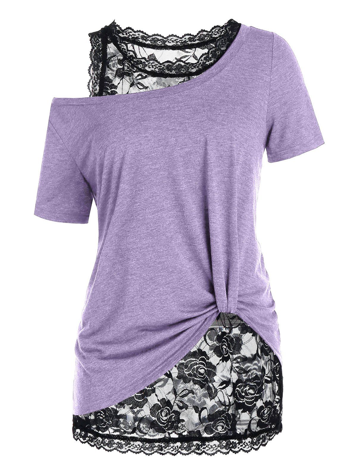 Ensemble de T-shirt de Grande Taille à Col Oblique et de Débardeur en Dentelle - Violet clair 3X