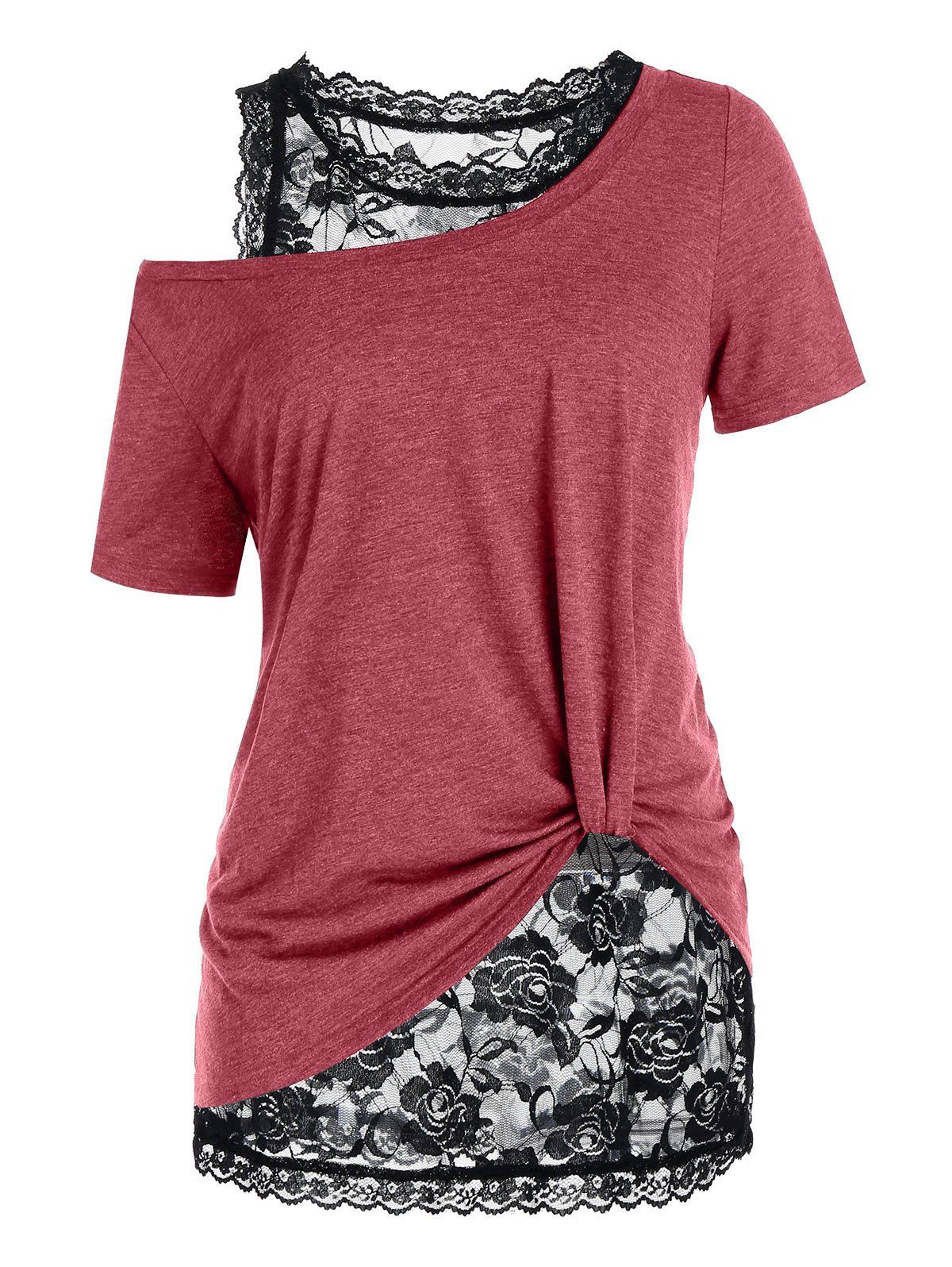 Plus Size Top Heather Skew Collar T-shirt and Scalloped Sheer Rose Lace Tank Top Set - DEEP RED 2X