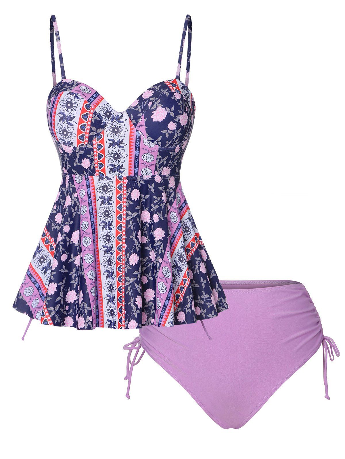 Tribal Modest Tankini Swimsuit Floral Push Up Underwired Swimwear Set - LIGHT PURPLE S