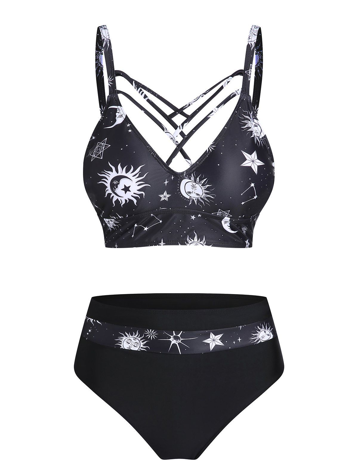 Vintage Swimwear Tummy Control Tankini Swimsuit Sun Moon Print Lattice Strap Summer Vacation Bathing Suit - BLACK XXXL