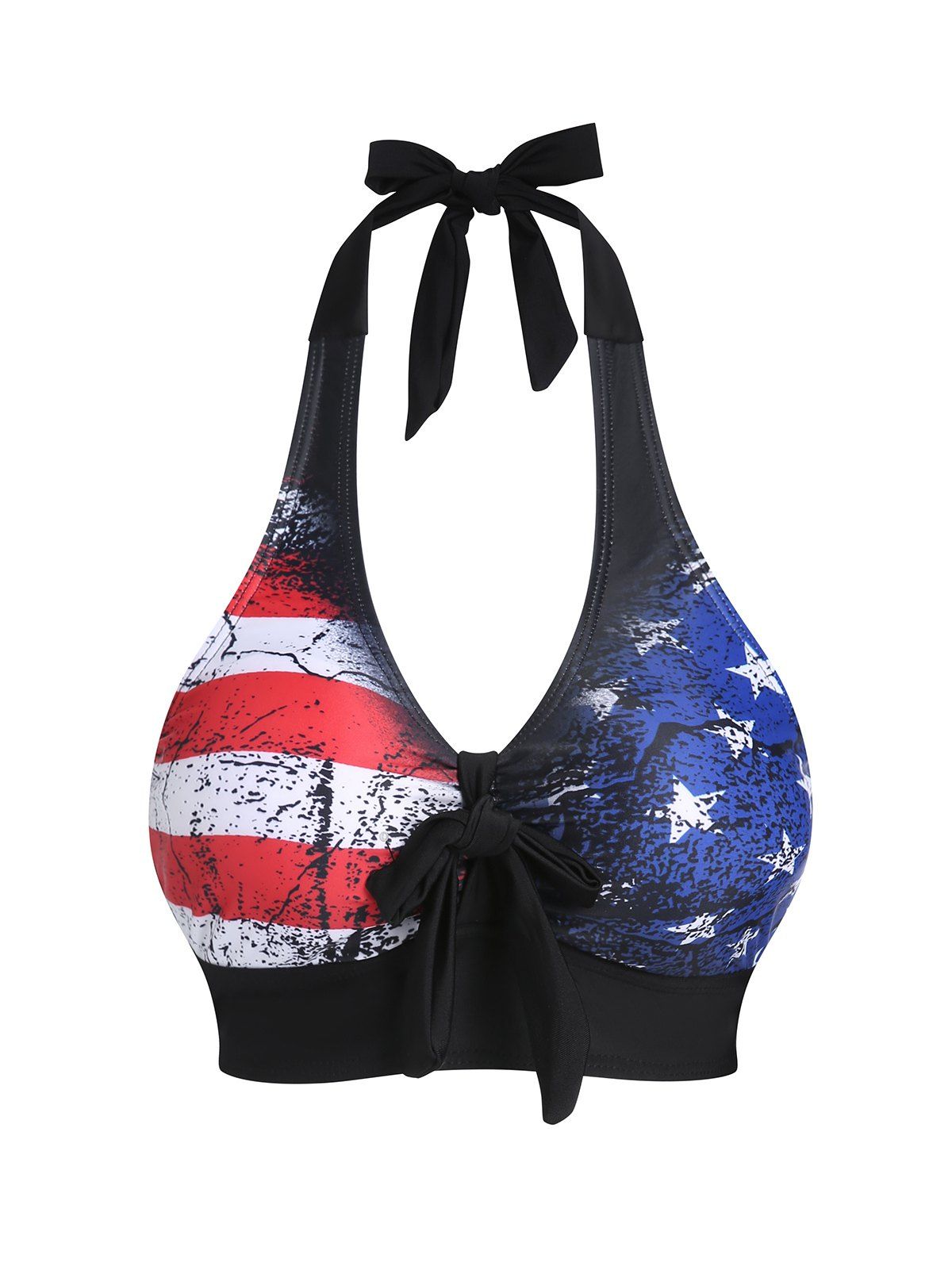 Vintage Bikini Top American Flag Print Swimsuit Top Bowknot Stripe Star Halter Swimwear Top - BLACK XXL