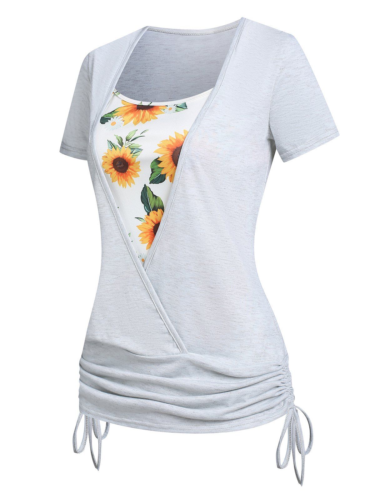 T-shirt Superposé à Imprimé Fleur Plissé Noué en Fausse Deux Pièces - Gris Clair XXXL