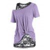 Ensemble de T-shirt de Grande Taille à Col Oblique et de Débardeur en Dentelle - Violet clair 3X