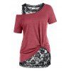 Plus Size Top Heather Skew Collar T-shirt and Scalloped Sheer Rose Lace Tank Top Set - DEEP RED 2X