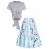 Cross Wrap Bowknot Heathered Top and Butterfly Rose Flower Pleated Skirt Outfit - LIGHT PINK M