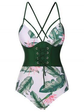 Tropical One-piece Swimsuit Leaf Print Lace Up Crisscross Corset Style Vacation Swimwear
