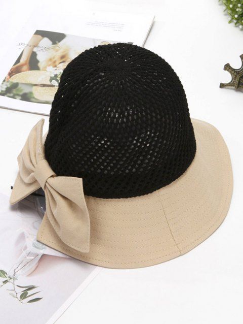 Summer Beach Contrast Colorblock Hollow Out Bowknot Straw Hat