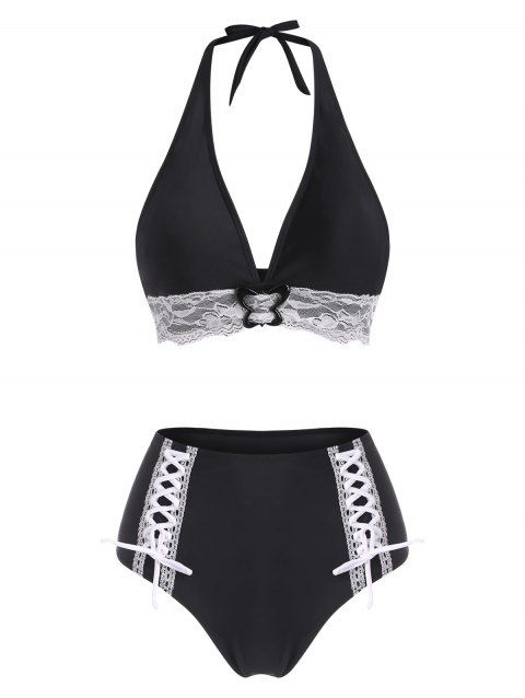 Maillot de Bain Bikini Gothique Panneau en Dentelle à Taille Haute à Lacets