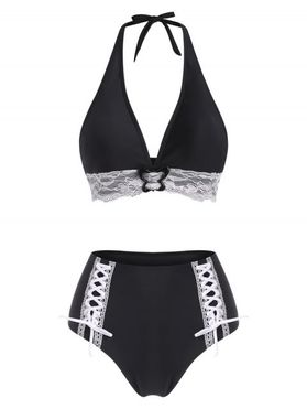 Gothic Bikini Swimsuit Halter Bathing Suit Lace Up Lace Panel Plunge Butterfly Ring High Waisted Swimwear