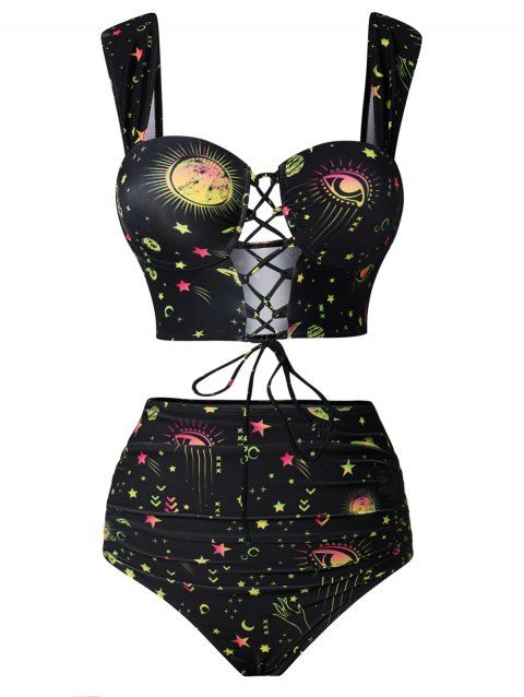 Maillot de Bain Vintage à Imprimé Lune et Soleil à Lacets avec Armature