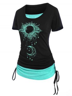 T-shirt Sanglé Contrasté à Imprimé Lune Soleil à Manches Courtes