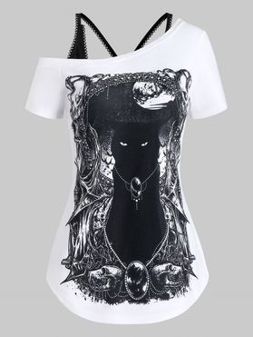 Gothic Cat Skull Print Skew Neck Tee and Cami Top Two Piece Set