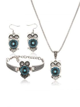 Three Pieces Vintage Owl Necklace Earrings Bracelet Set