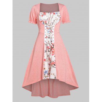 

Floral Print Lace Up Faux Twinset High Low Dress, Light pink