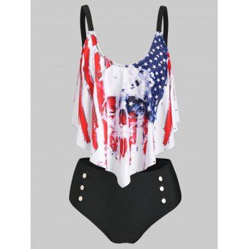 

Patriotic Tankini Swimsuit American Flag Skull Print Swimwear Padded Mock Button Gothic Beach Bathing Suit, Black