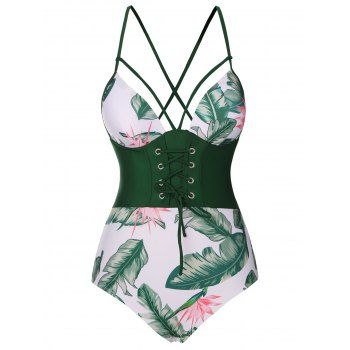 

Tropical One-piece Swimsuit Leaf Print Lace Up Crisscross Corset Style Vacation Swimwear, Green