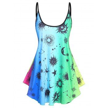 

Sun Moon Print Ombre Color Asymmetrical Hem Skirted Tent Cami Top, Multicolor