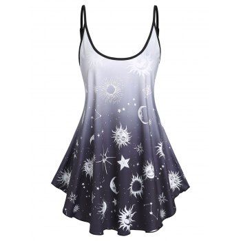 

Sun Moon Print Ombre Color Asymmetrical Hem Skirted Tent Cami Top, Black