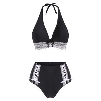 

Gothic Bikini Swimsuit Halter Bathing Suit Lace Up Lace Panel Plunge Butterfly Ring High Waisted Swimwear, Black