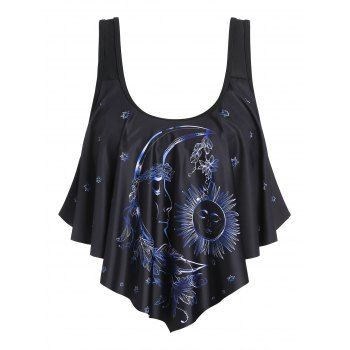 

Gothic Swimsuit Pointed Hem Floral Sun Moon Star Tankini Swimwear Top, Black