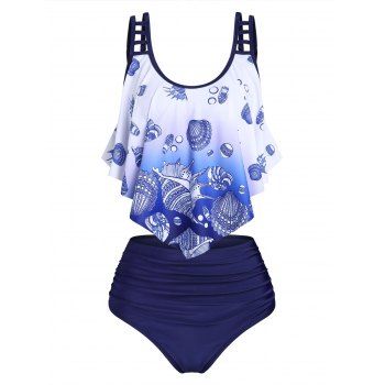 

Beach Tummy Control Swimsuit Shell Print Ladder Cut Out Ruched Ombre Tankini Swimwear, Deep blue
