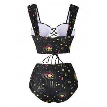 Vintage Tanknini Swimsuit Sun Moon Print Lace Up Cut Out Ruched High Waist Bottom Push Up Underwire Swimwear 