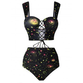 

Vintage Tanknini Swimsuit Sun Moon Print Lace Up Cut Out Ruched High Waist Bottom Push Up Underwire Swimwear, Yellow