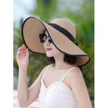 

Summer Beach Bowknot Strap Sun Proof Floppy Straw Hat, Light coffee