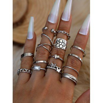 

15Pcs Rhinestone Flower Heart Butterfly Pattern Finger Rings Set, Silver
