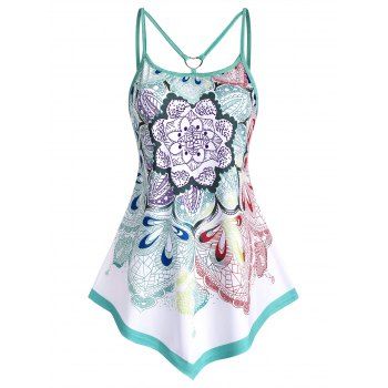 

Bohemian Flower Print Strappy Asymmetric Pointed Hem Tank Top, Green