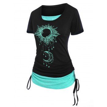 Contrast Celestial Sun Moon Print Short Sleeve Cinched Tee