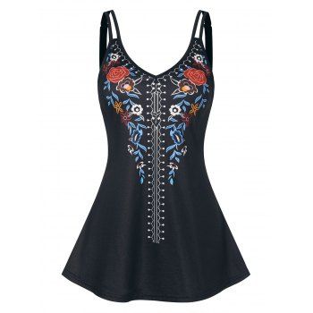 

Vintage Floral Print Adjustable Strap Cami Tank Top, Black
