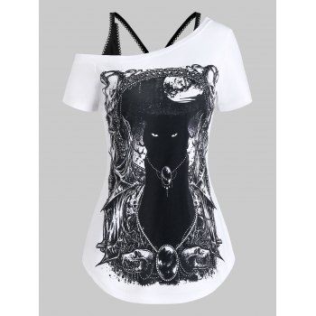 

Gothic Cat Skull Print Skew Neck Tee and Cami Top Two Piece Set, White