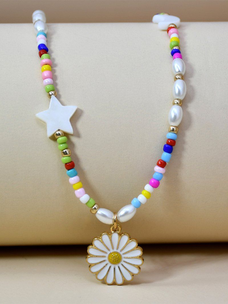 Vacation Contrast Colorblock Beads Star Faux Pearl Daisy Pendant Necklace - multicolor 