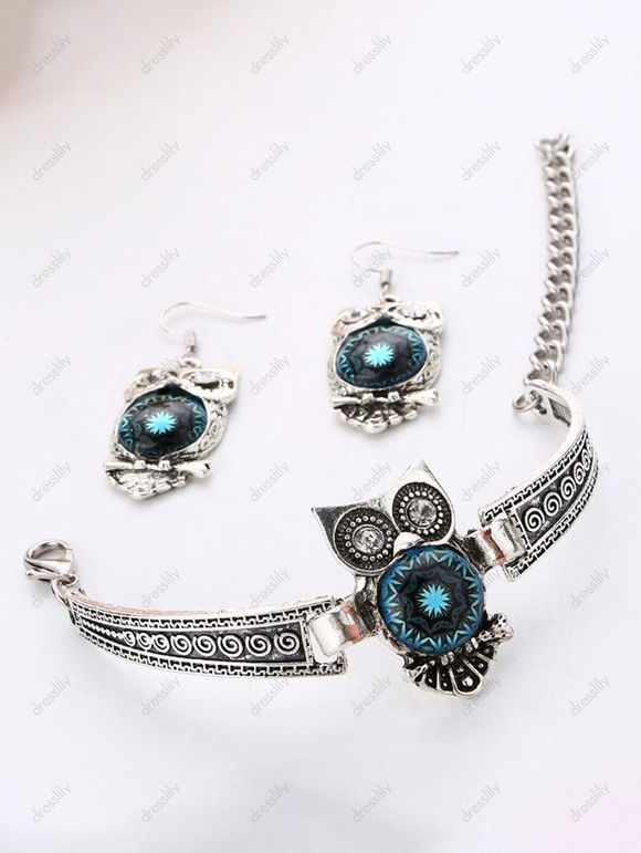Ensemble de Trois Colliers Boucles d'Oreilles et Bracelets Hibou Vintage - Argent 